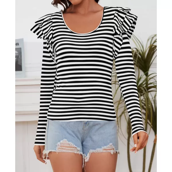 ZESICA Womens Ruffle Long Sleeve Scoop Neck Shirt Striped Slim Fitted Casual Basic Tee Tops 2024 Trendy Fall ClothesBlack