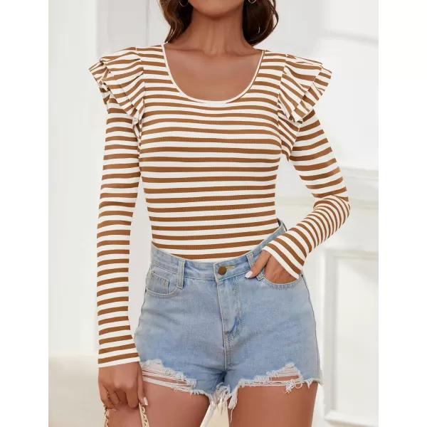 ZESICA Womens Ruffle Long Sleeve Scoop Neck Shirt Striped Slim Fitted Casual Basic Tee Tops 2024 Trendy Fall ClothesCaramel
