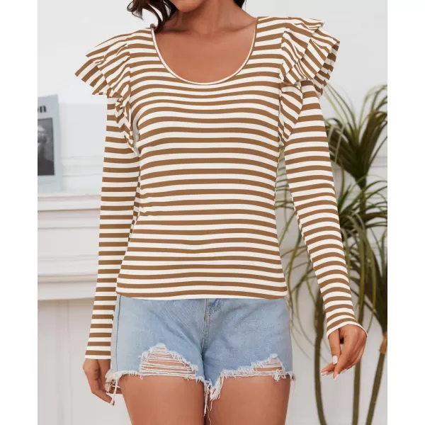 ZESICA Womens Ruffle Long Sleeve Scoop Neck Shirt Striped Slim Fitted Casual Basic Tee Tops 2024 Trendy Fall ClothesCaramel