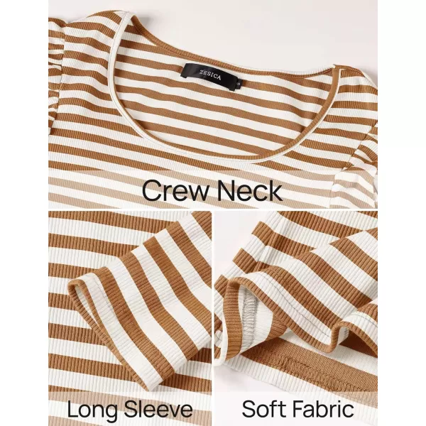 ZESICA Womens Ruffle Long Sleeve Scoop Neck Shirt Striped Slim Fitted Casual Basic Tee Tops 2024 Trendy Fall ClothesCaramel