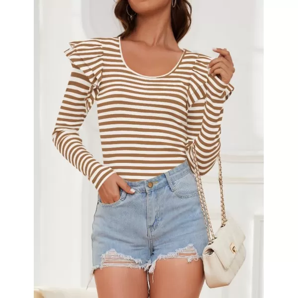 ZESICA Womens Ruffle Long Sleeve Scoop Neck Shirt Striped Slim Fitted Casual Basic Tee Tops 2024 Trendy Fall ClothesCaramel