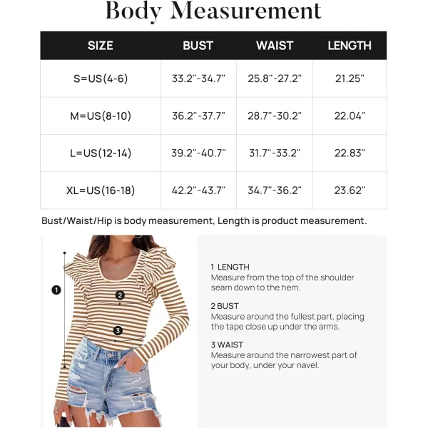 ZESICA Womens Ruffle Long Sleeve Scoop Neck Shirt Striped Slim Fitted Casual Basic Tee Tops 2024 Trendy Fall ClothesCaramel