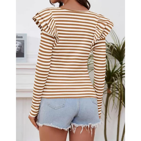 ZESICA Womens Ruffle Long Sleeve Scoop Neck Shirt Striped Slim Fitted Casual Basic Tee Tops 2024 Trendy Fall ClothesCaramel