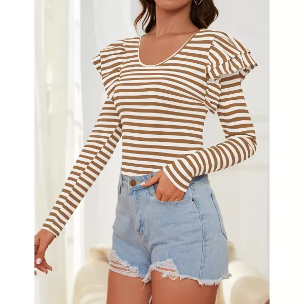 ZESICA Womens Ruffle Long Sleeve Scoop Neck Shirt Striped Slim Fitted Casual Basic Tee Tops 2024 Trendy Fall ClothesCaramel