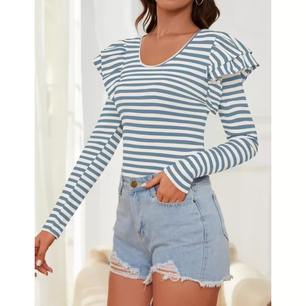 ZESICA Womens Ruffle Long Sleeve Scoop Neck Shirt Striped Slim Fitted Casual Basic Tee Tops 2024 Trendy Fall ClothesDustyblue
