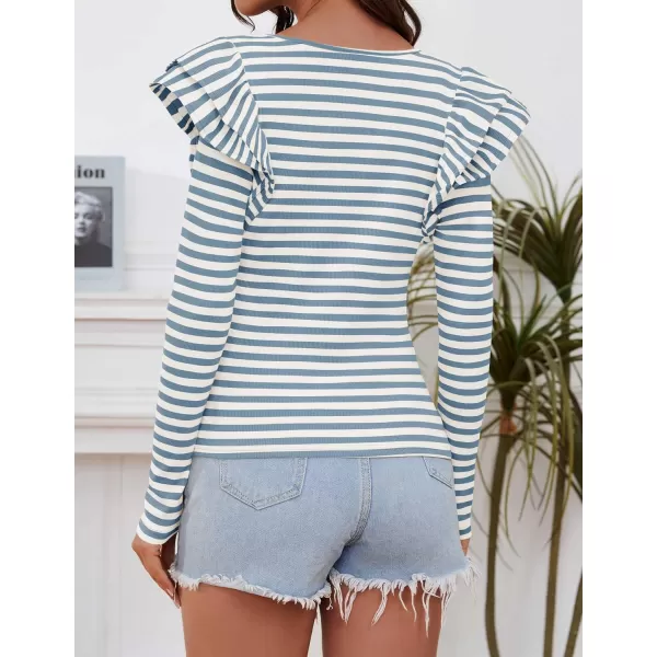 ZESICA Womens Ruffle Long Sleeve Scoop Neck Shirt Striped Slim Fitted Casual Basic Tee Tops 2024 Trendy Fall ClothesDustyblue