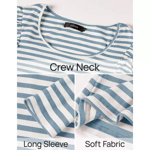 ZESICA Womens Ruffle Long Sleeve Scoop Neck Shirt Striped Slim Fitted Casual Basic Tee Tops 2024 Trendy Fall ClothesDustyblue
