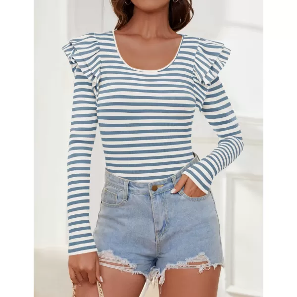 ZESICA Womens Ruffle Long Sleeve Scoop Neck Shirt Striped Slim Fitted Casual Basic Tee Tops 2024 Trendy Fall ClothesDustyblue