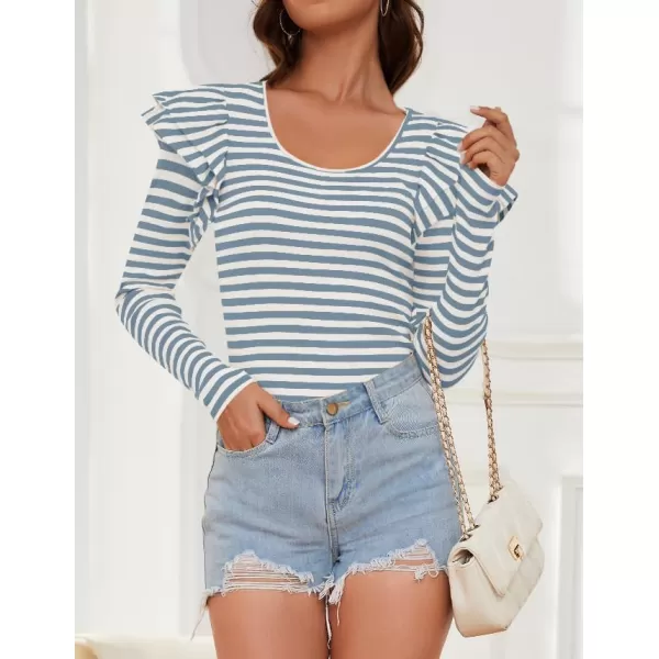 ZESICA Womens Ruffle Long Sleeve Scoop Neck Shirt Striped Slim Fitted Casual Basic Tee Tops 2024 Trendy Fall ClothesDustyblue
