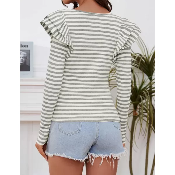 ZESICA Womens Ruffle Long Sleeve Scoop Neck Shirt Striped Slim Fitted Casual Basic Tee Tops 2024 Trendy Fall ClothesGray