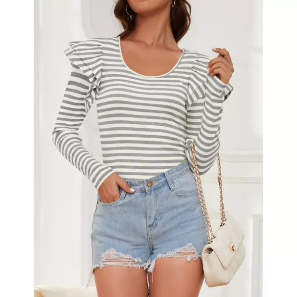 ZESICA Womens Ruffle Long Sleeve Scoop Neck Shirt Striped Slim Fitted Casual Basic Tee Tops 2024 Trendy Fall ClothesGray