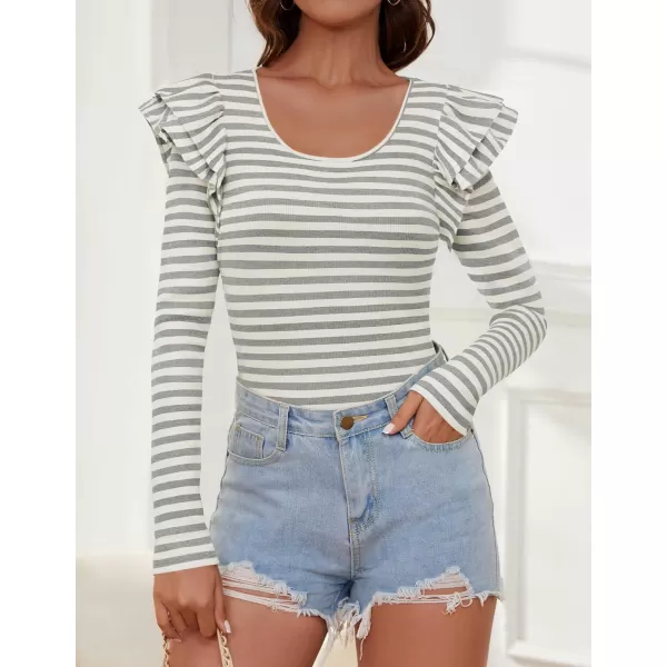 ZESICA Womens Ruffle Long Sleeve Scoop Neck Shirt Striped Slim Fitted Casual Basic Tee Tops 2024 Trendy Fall ClothesGray