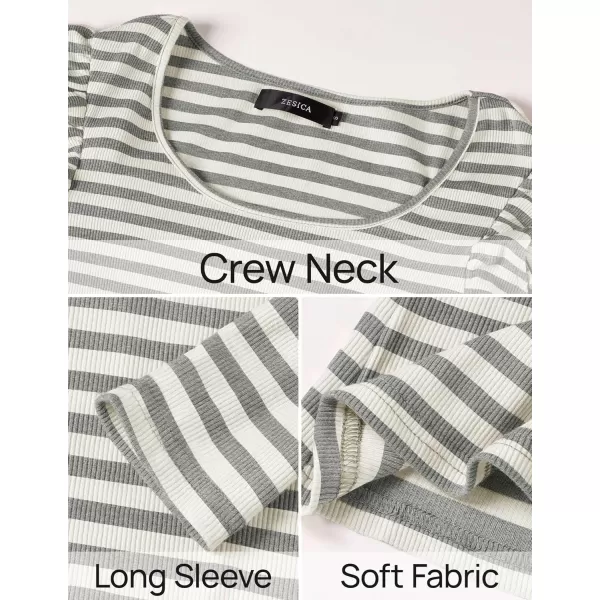 ZESICA Womens Ruffle Long Sleeve Scoop Neck Shirt Striped Slim Fitted Casual Basic Tee Tops 2024 Trendy Fall ClothesGray