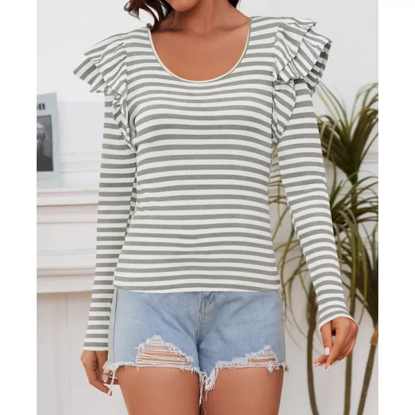 ZESICA Womens Ruffle Long Sleeve Scoop Neck Shirt Striped Slim Fitted Casual Basic Tee Tops 2024 Trendy Fall ClothesGray