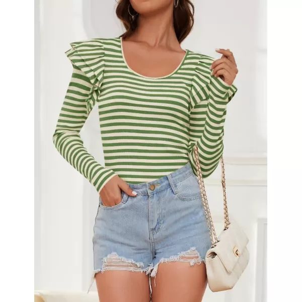 ZESICA Womens Ruffle Long Sleeve Scoop Neck Shirt Striped Slim Fitted Casual Basic Tee Tops 2024 Trendy Fall ClothesGreen