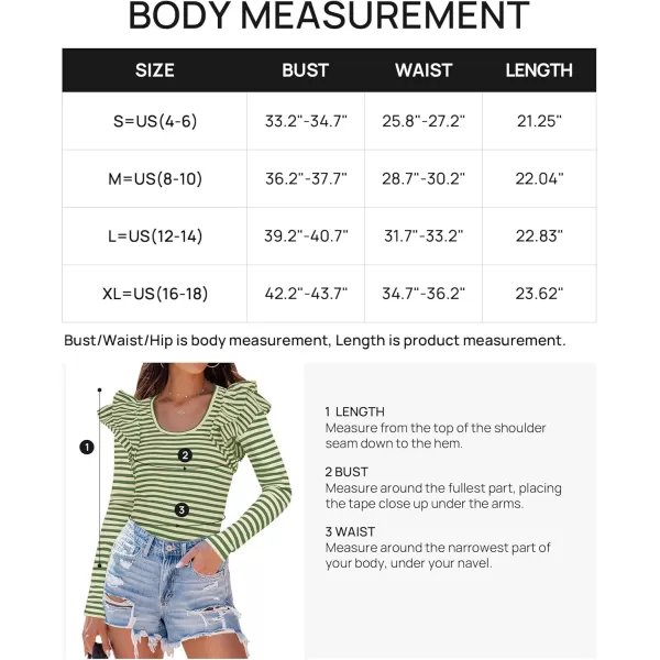 ZESICA Womens Ruffle Long Sleeve Scoop Neck Shirt Striped Slim Fitted Casual Basic Tee Tops 2024 Trendy Fall ClothesGreen