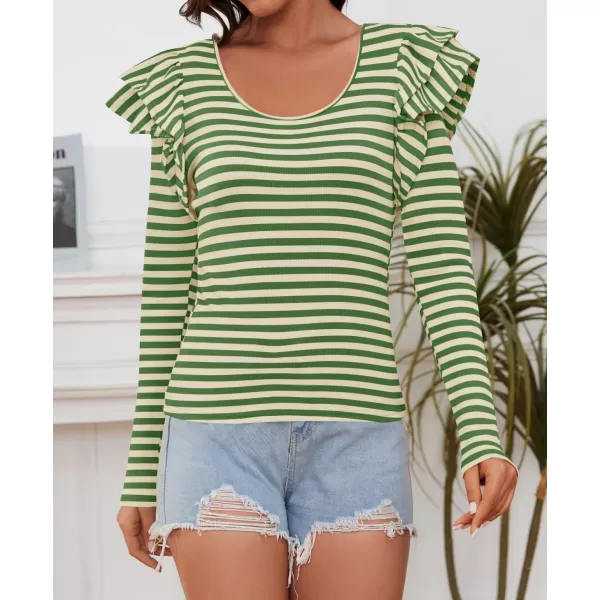 ZESICA Womens Ruffle Long Sleeve Scoop Neck Shirt Striped Slim Fitted Casual Basic Tee Tops 2024 Trendy Fall ClothesGreen