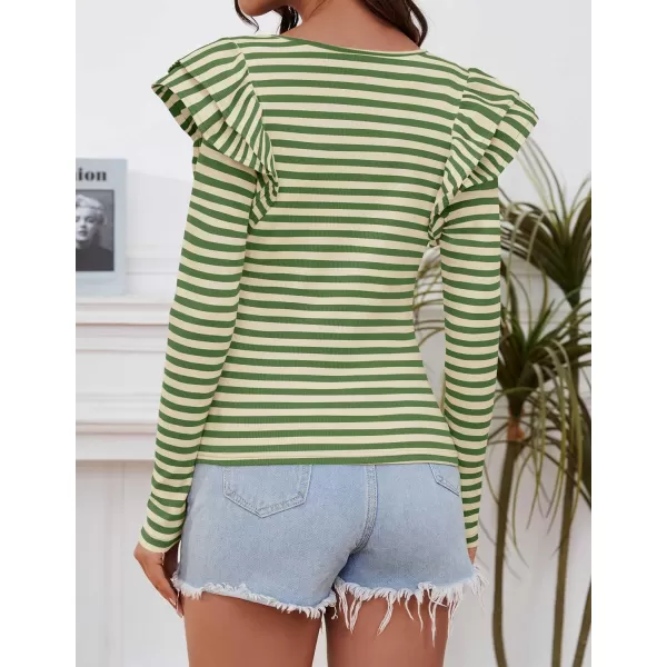ZESICA Womens Ruffle Long Sleeve Scoop Neck Shirt Striped Slim Fitted Casual Basic Tee Tops 2024 Trendy Fall ClothesGreen