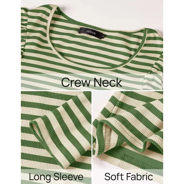 ZESICA Womens Ruffle Long Sleeve Scoop Neck Shirt Striped Slim Fitted Casual Basic Tee Tops 2024 Trendy Fall ClothesGreen