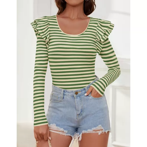 ZESICA Womens Ruffle Long Sleeve Scoop Neck Shirt Striped Slim Fitted Casual Basic Tee Tops 2024 Trendy Fall ClothesGreen
