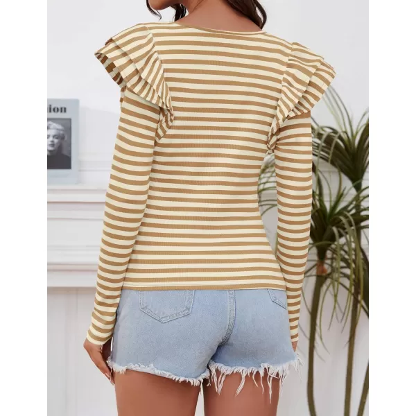 ZESICA Womens Ruffle Long Sleeve Scoop Neck Shirt Striped Slim Fitted Casual Basic Tee Tops 2024 Trendy Fall ClothesKhaki