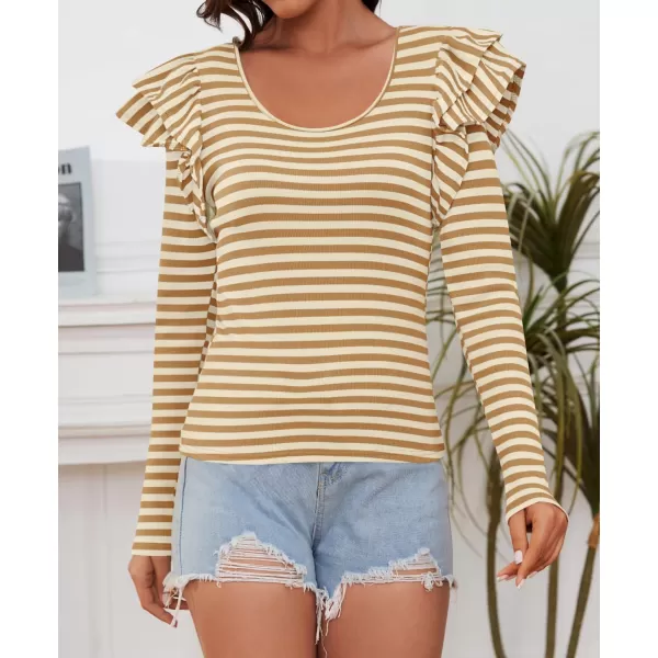 ZESICA Womens Ruffle Long Sleeve Scoop Neck Shirt Striped Slim Fitted Casual Basic Tee Tops 2024 Trendy Fall ClothesKhaki