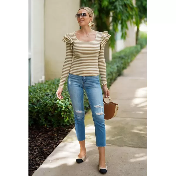 ZESICA Womens Ruffle Long Sleeve Scoop Neck Shirt Striped Slim Fitted Casual Basic Tee Tops 2024 Trendy Fall ClothesKhaki