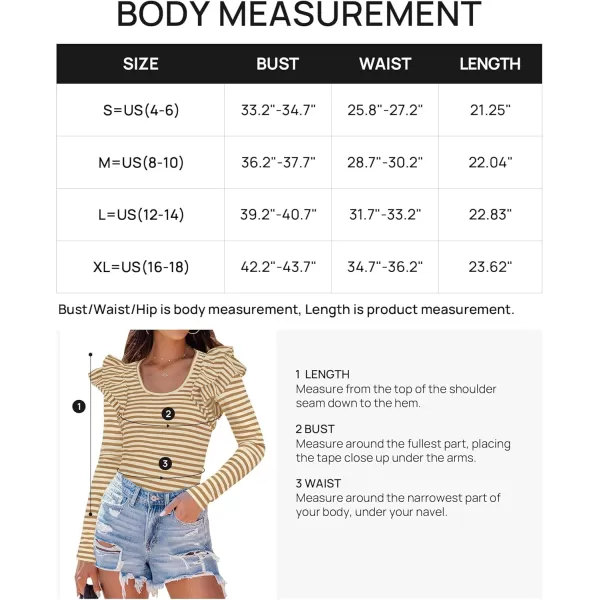 ZESICA Womens Ruffle Long Sleeve Scoop Neck Shirt Striped Slim Fitted Casual Basic Tee Tops 2024 Trendy Fall ClothesKhaki