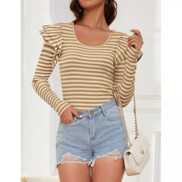 ZESICA Womens Ruffle Long Sleeve Scoop Neck Shirt Striped Slim Fitted Casual Basic Tee Tops 2024 Trendy Fall ClothesKhaki