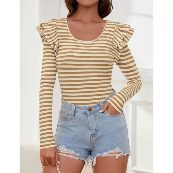 ZESICA Womens Ruffle Long Sleeve Scoop Neck Shirt Striped Slim Fitted Casual Basic Tee Tops 2024 Trendy Fall ClothesKhaki