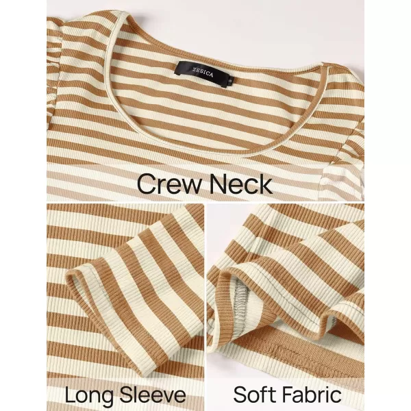 ZESICA Womens Ruffle Long Sleeve Scoop Neck Shirt Striped Slim Fitted Casual Basic Tee Tops 2024 Trendy Fall ClothesKhaki