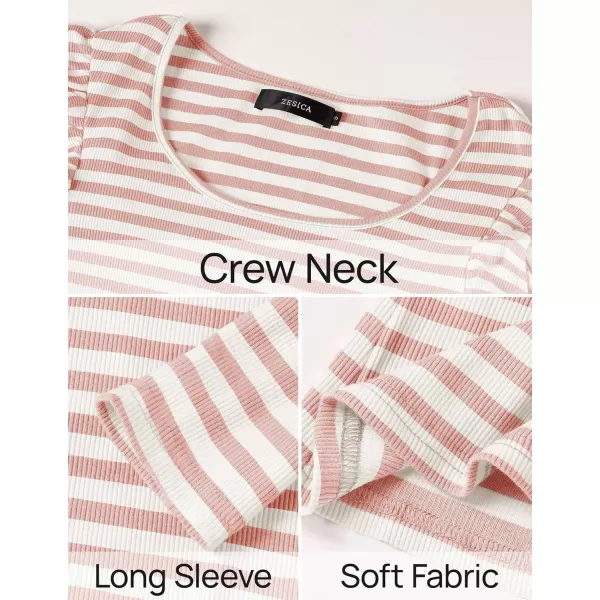 ZESICA Womens Ruffle Long Sleeve Scoop Neck Shirt Striped Slim Fitted Casual Basic Tee Tops 2024 Trendy Fall ClothesPink