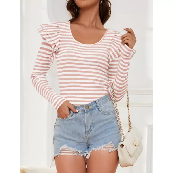 ZESICA Womens Ruffle Long Sleeve Scoop Neck Shirt Striped Slim Fitted Casual Basic Tee Tops 2024 Trendy Fall ClothesPink