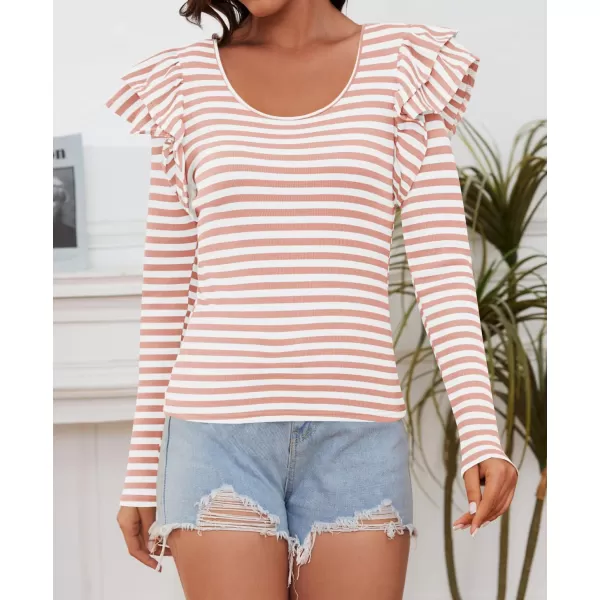 ZESICA Womens Ruffle Long Sleeve Scoop Neck Shirt Striped Slim Fitted Casual Basic Tee Tops 2024 Trendy Fall ClothesPink