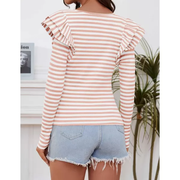 ZESICA Womens Ruffle Long Sleeve Scoop Neck Shirt Striped Slim Fitted Casual Basic Tee Tops 2024 Trendy Fall ClothesPink