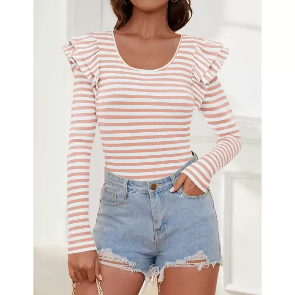 ZESICA Womens Ruffle Long Sleeve Scoop Neck Shirt Striped Slim Fitted Casual Basic Tee Tops 2024 Trendy Fall ClothesPink