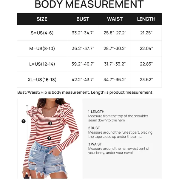ZESICA Womens Ruffle Long Sleeve Scoop Neck Shirt Striped Slim Fitted Casual Basic Tee Tops 2024 Trendy Fall ClothesRed