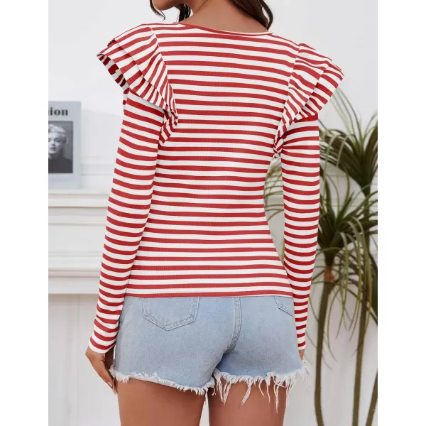 ZESICA Womens Ruffle Long Sleeve Scoop Neck Shirt Striped Slim Fitted Casual Basic Tee Tops 2024 Trendy Fall ClothesRed