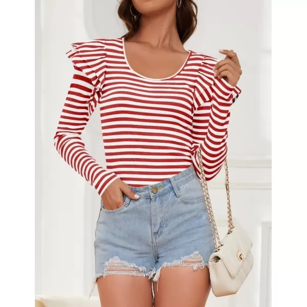 ZESICA Womens Ruffle Long Sleeve Scoop Neck Shirt Striped Slim Fitted Casual Basic Tee Tops 2024 Trendy Fall ClothesRed