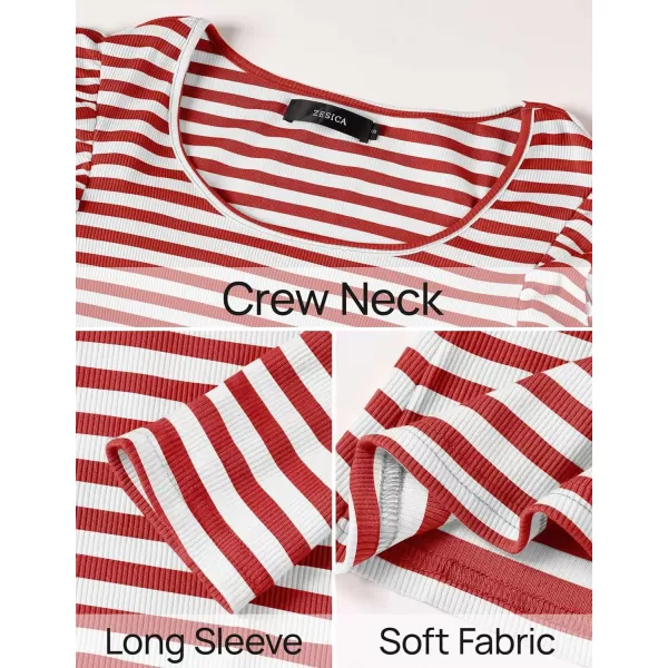 ZESICA Womens Ruffle Long Sleeve Scoop Neck Shirt Striped Slim Fitted Casual Basic Tee Tops 2024 Trendy Fall ClothesRed