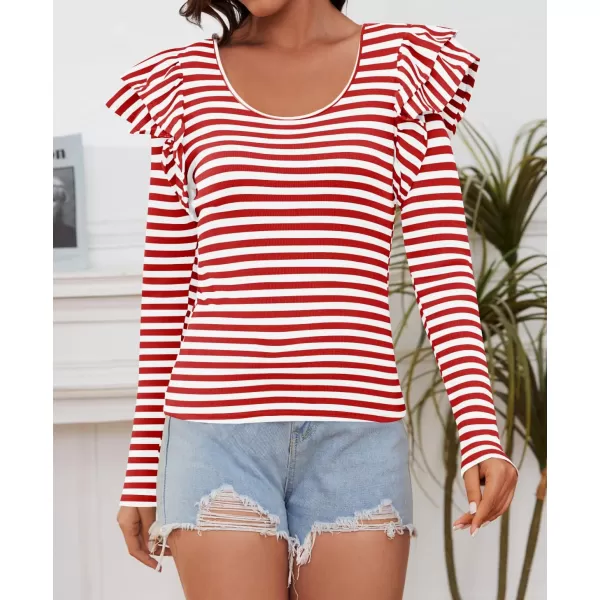 ZESICA Womens Ruffle Long Sleeve Scoop Neck Shirt Striped Slim Fitted Casual Basic Tee Tops 2024 Trendy Fall ClothesRed