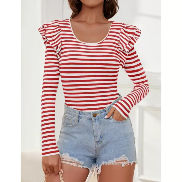ZESICA Womens Ruffle Long Sleeve Scoop Neck Shirt Striped Slim Fitted Casual Basic Tee Tops 2024 Trendy Fall ClothesRed