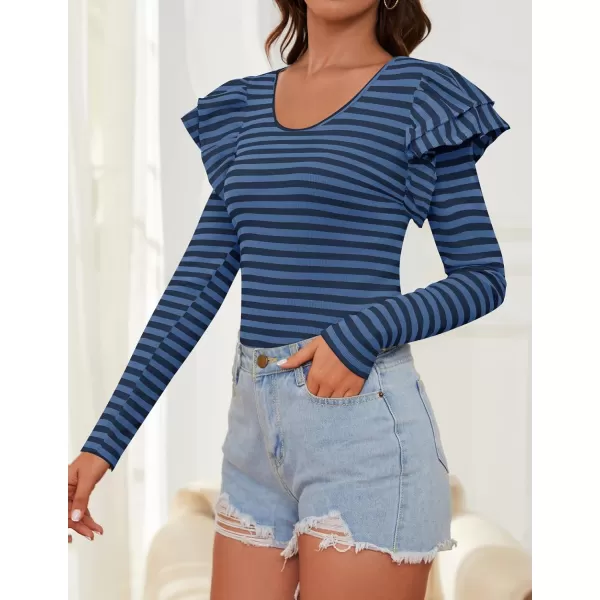 ZESICA Womens Ruffle Long Sleeve Scoop Neck Shirt Striped Slim Fitted Casual Basic Tee Tops 2024 Trendy Fall ClothesStripeblue