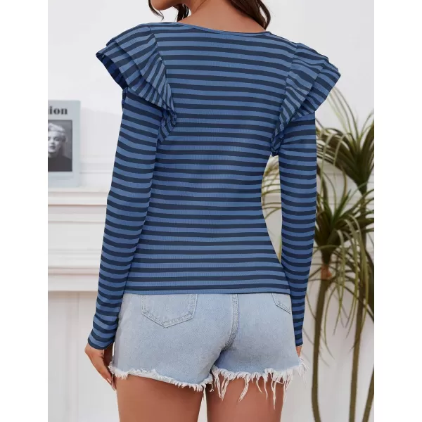 ZESICA Womens Ruffle Long Sleeve Scoop Neck Shirt Striped Slim Fitted Casual Basic Tee Tops 2024 Trendy Fall ClothesStripeblue