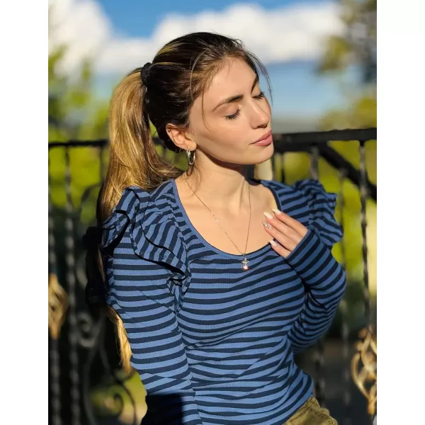 ZESICA Womens Ruffle Long Sleeve Scoop Neck Shirt Striped Slim Fitted Casual Basic Tee Tops 2024 Trendy Fall ClothesStripeblue