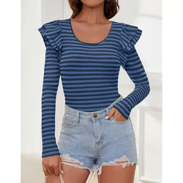 ZESICA Womens Ruffle Long Sleeve Scoop Neck Shirt Striped Slim Fitted Casual Basic Tee Tops 2024 Trendy Fall ClothesStripeblue