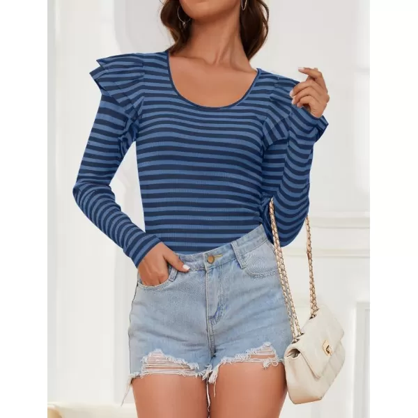 ZESICA Womens Ruffle Long Sleeve Scoop Neck Shirt Striped Slim Fitted Casual Basic Tee Tops 2024 Trendy Fall ClothesStripeblue