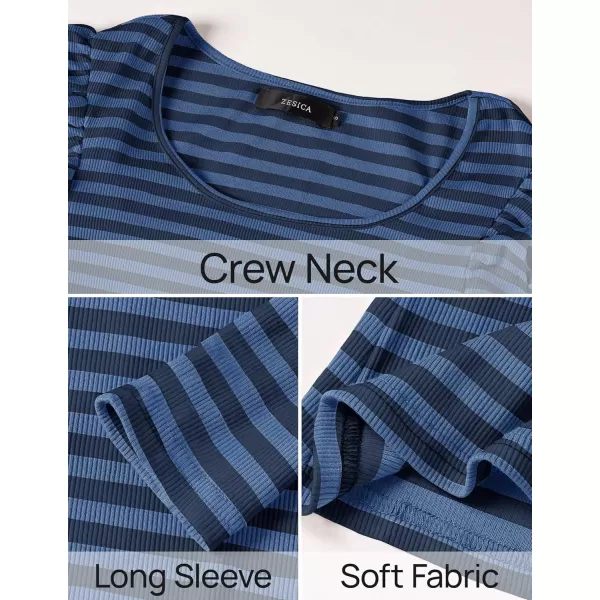 ZESICA Womens Ruffle Long Sleeve Scoop Neck Shirt Striped Slim Fitted Casual Basic Tee Tops 2024 Trendy Fall ClothesStripeblue