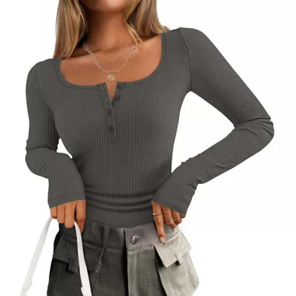 ZESICA Womens Long Sleeve Button Ribbed Shirts 2024 Fall Scoop Neck Casual Henly TopsDarkgrey