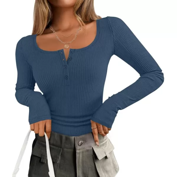 ZESICA Womens Long Sleeve Button Ribbed Shirts 2024 Fall Scoop Neck Casual Henly TopsNavy